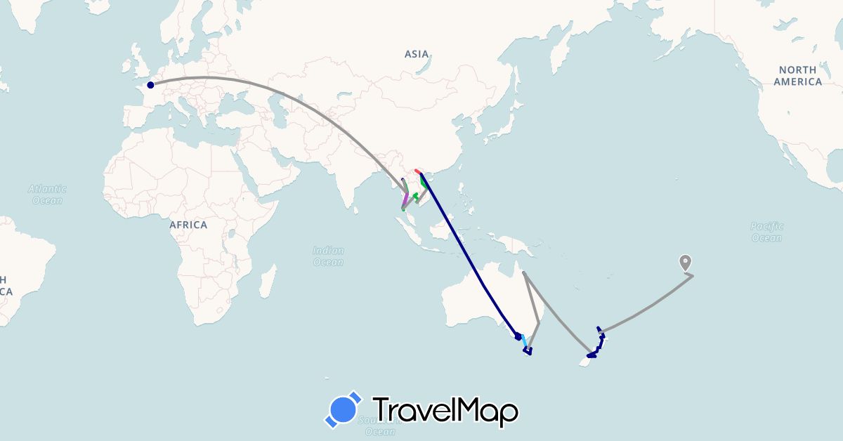 TravelMap itinerary: driving, bus, plane, train, hiking, boat in Australia, France, Cambodia, New Zealand, French Polynesia, Thailand, Vietnam (Asia, Europe, Oceania)